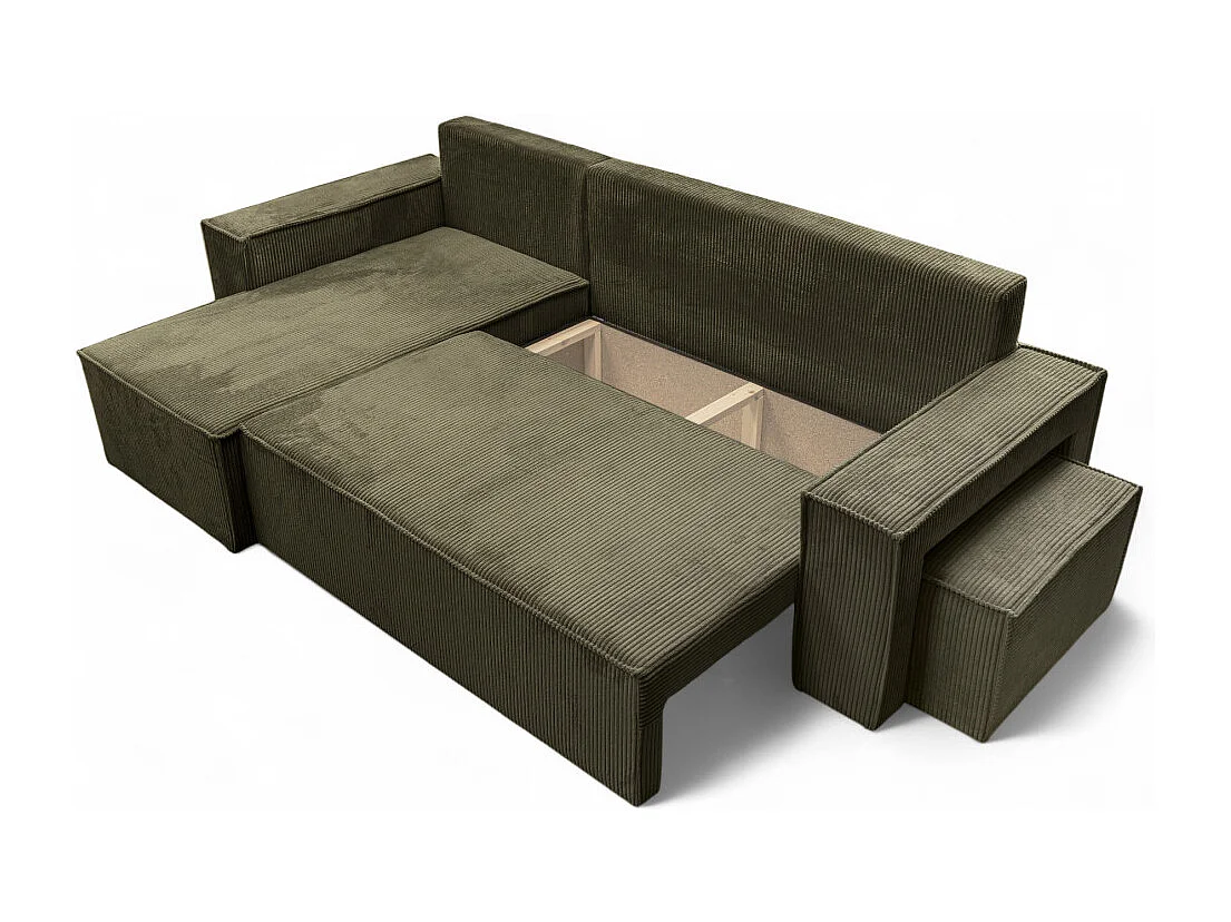 Canapé FARAH d'angle réversible et convertible 4 places avec un pouf en velours côtelé - Vert kaki