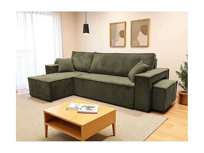 Canapé FARAH d'angle réversible et convertible 4 places avec un pouf en velours côtelé - Vert kaki