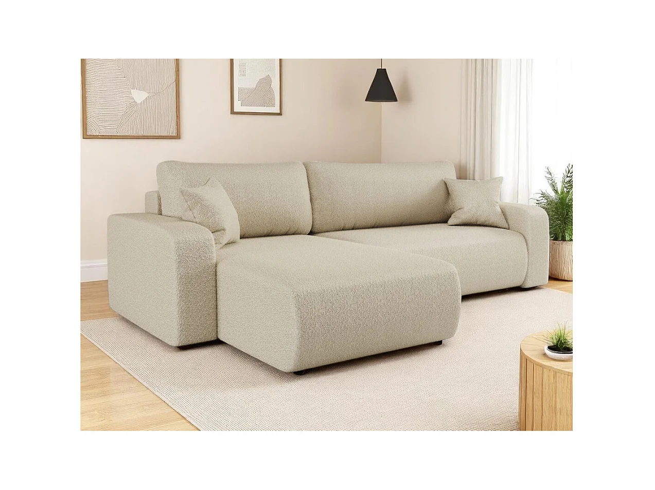 Canapé ALYA d'angle max réversible et convertible 5 places en tissu bouclette - Beige