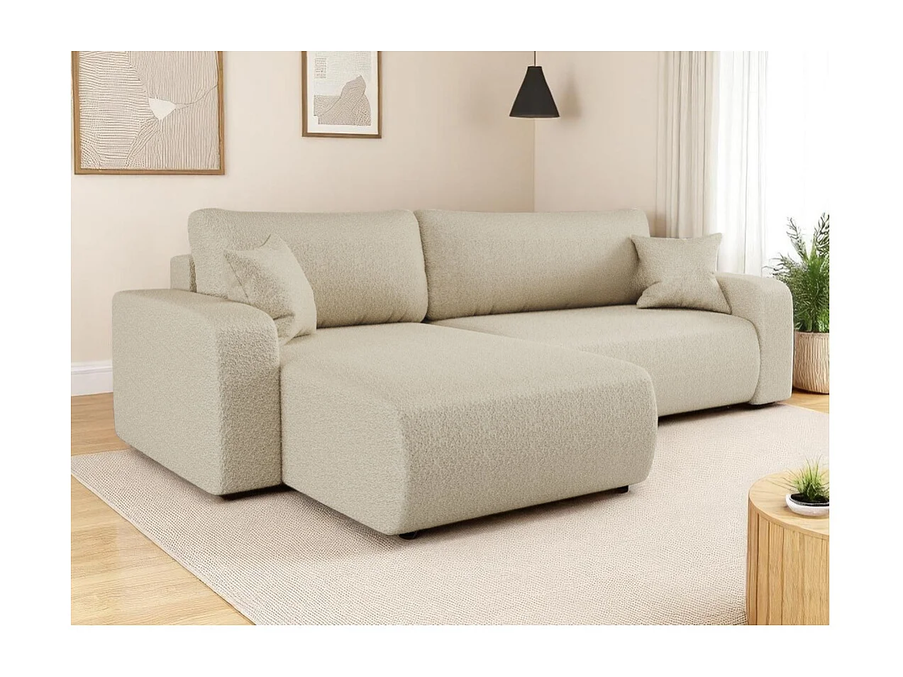 Canapé ALYA d'angle max réversible et convertible 5 places en tissu bouclette - Beige
