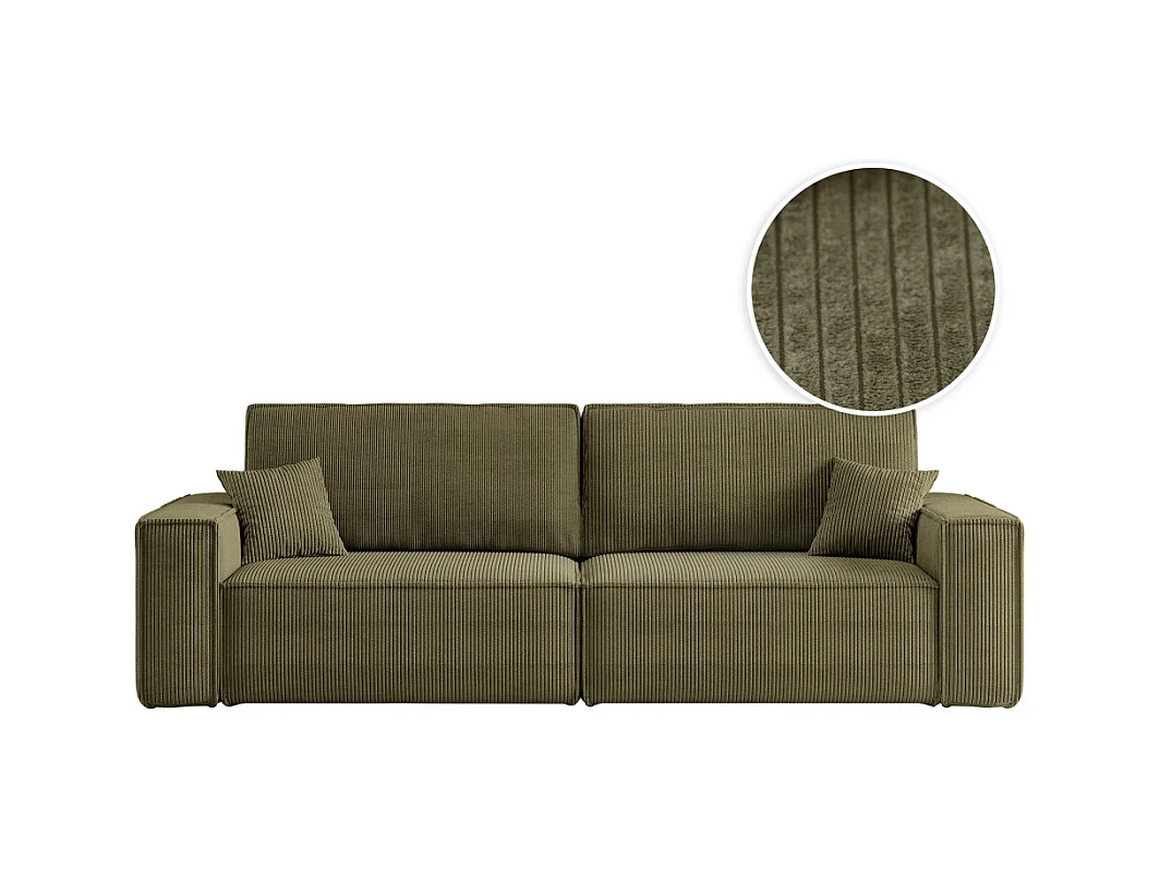 Canapé droit 3 places FARAH convertible en velours côtelé - Vert kaki