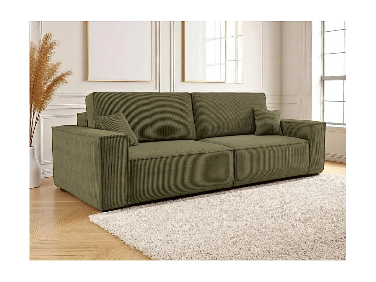 Canapé droit 3 places FARAH convertible en velours côtelé - Vert kaki
