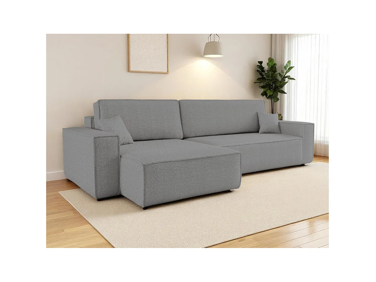 Canapé FARAH d'angle max réversible et convertible 5 places en tissu bouclette - Gris