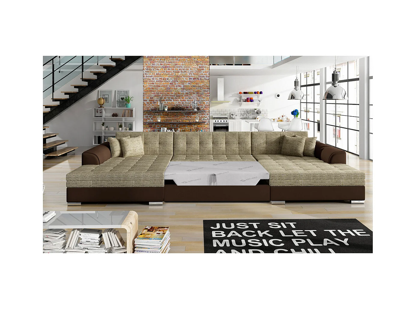 Canapé d'angle panoramique 5 places RIMA convertible en simili et tissu - Marron/Beige