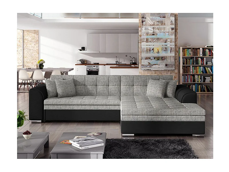 Canapé d'angle droit 4 places NILA convertible en simili et tissu - Noir/Gris clair