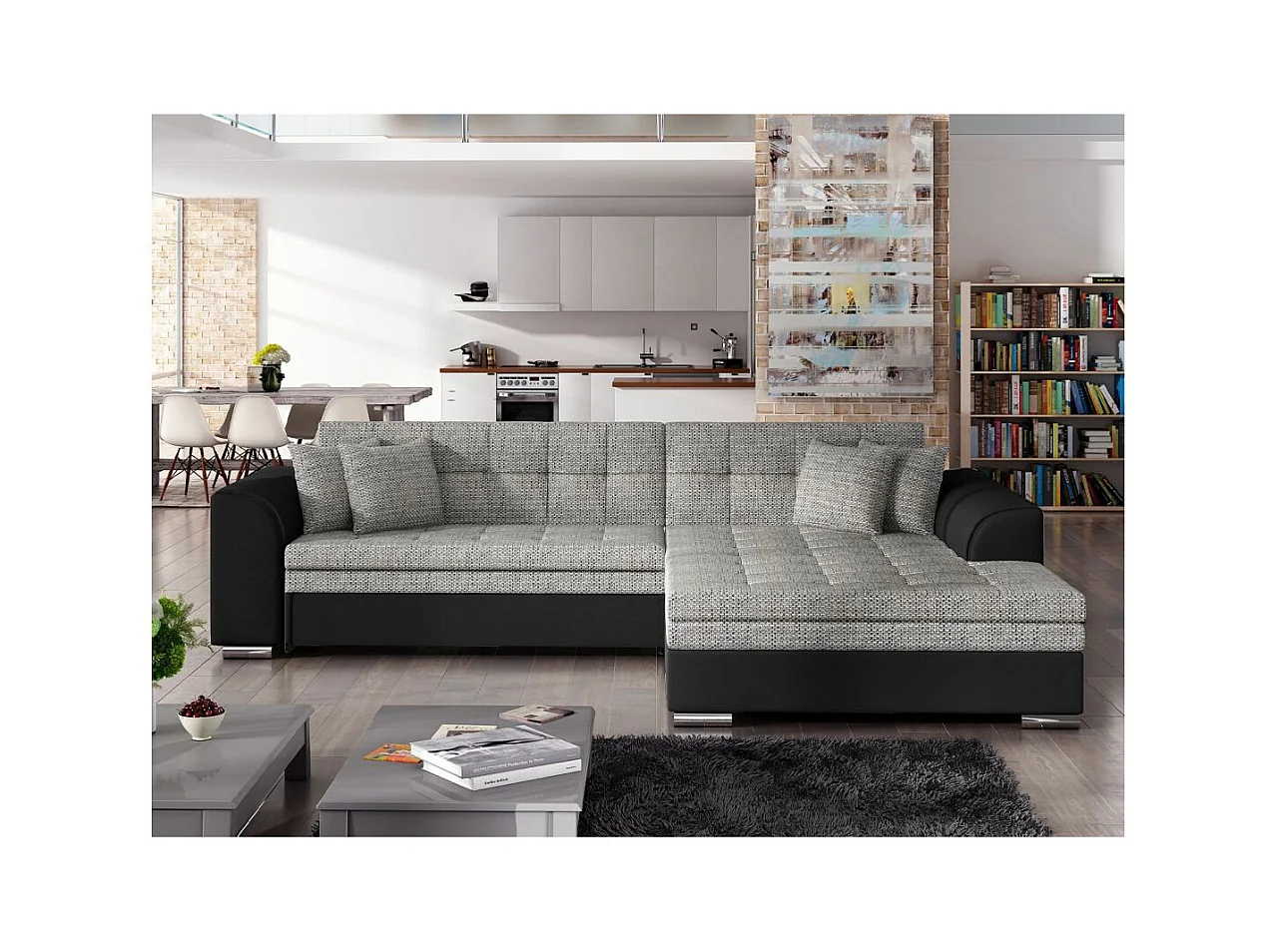 Canapé d'angle droit 4 places NILA convertible en simili et tissu - Noir/Gris clair