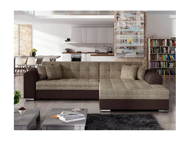 Canapé d'angle droit 4 places NILA convertible en simili et tissu - Marron/Beige