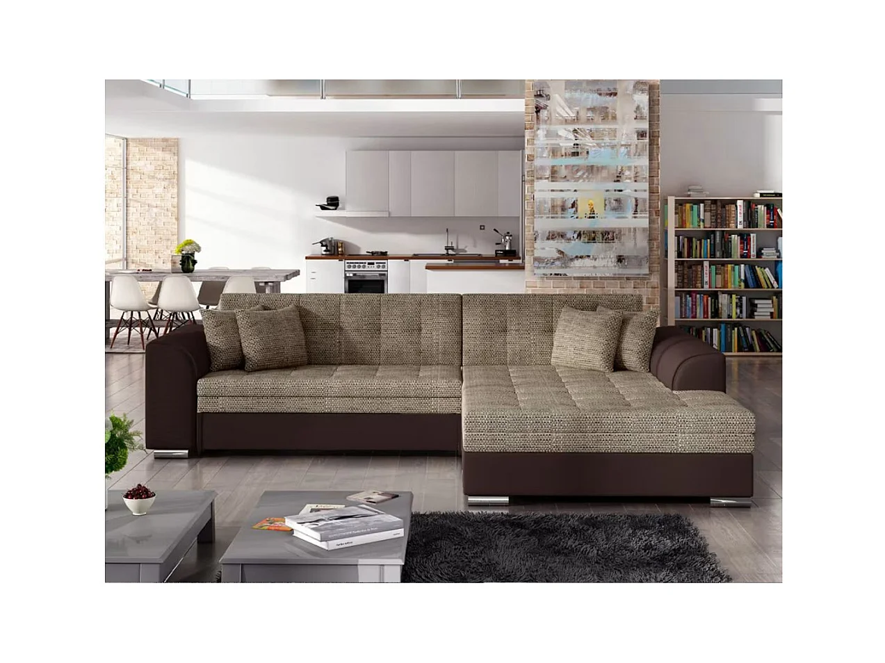 Canapé d'angle droit 4 places NILA convertible en simili et tissu - Marron/Beige