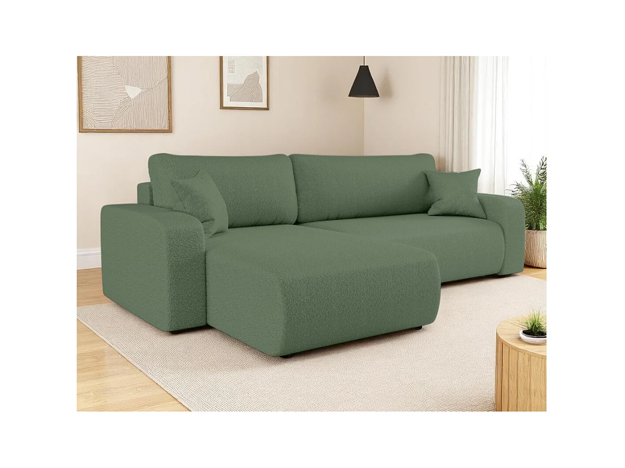 Canapé ALYA d'angle max réversible et convertible 5 places en tissu bouclette - Vert