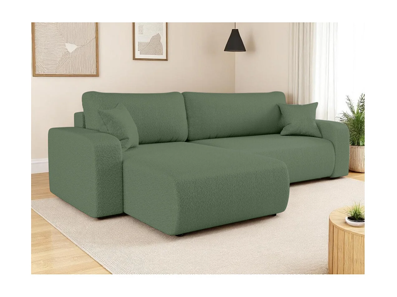 Canapé ALYA d'angle max réversible et convertible 5 places en tissu bouclette - Vert