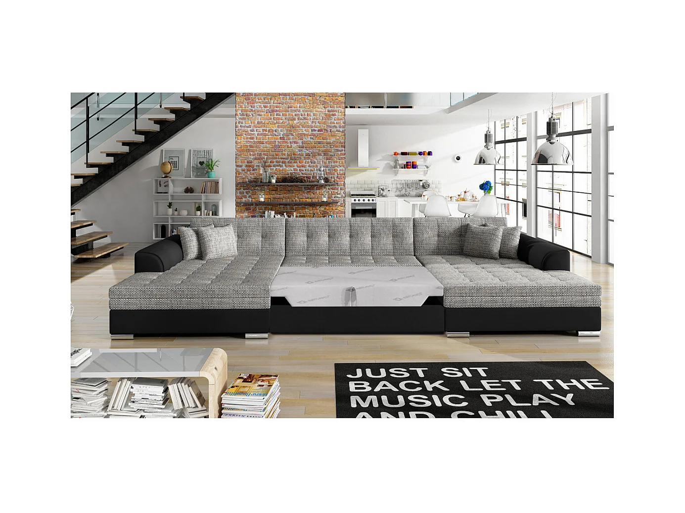 Canapé d'angle panoramique 5 places RIMA convertible en simili et tissu - Noir/Gris clair