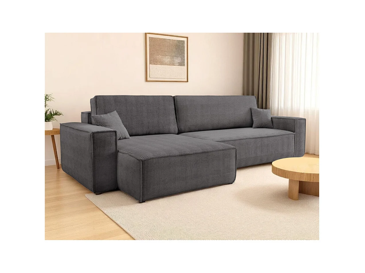 Canapé FARAH d'angle max réversible et convertible 5 places en velours côtelé - Gris
