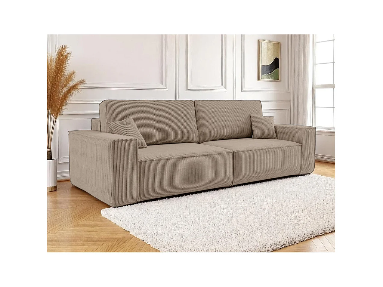 Canapé droit 3 places FARAH convertible en velours côtelé - Taupe
