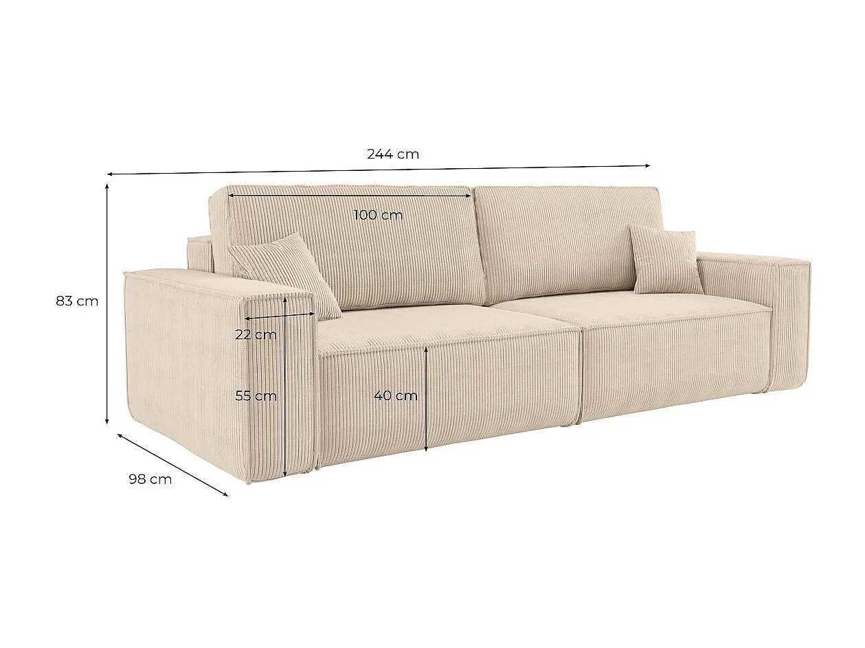Canapé droit 3 places FARAH convertible en velours côtelé - Taupe