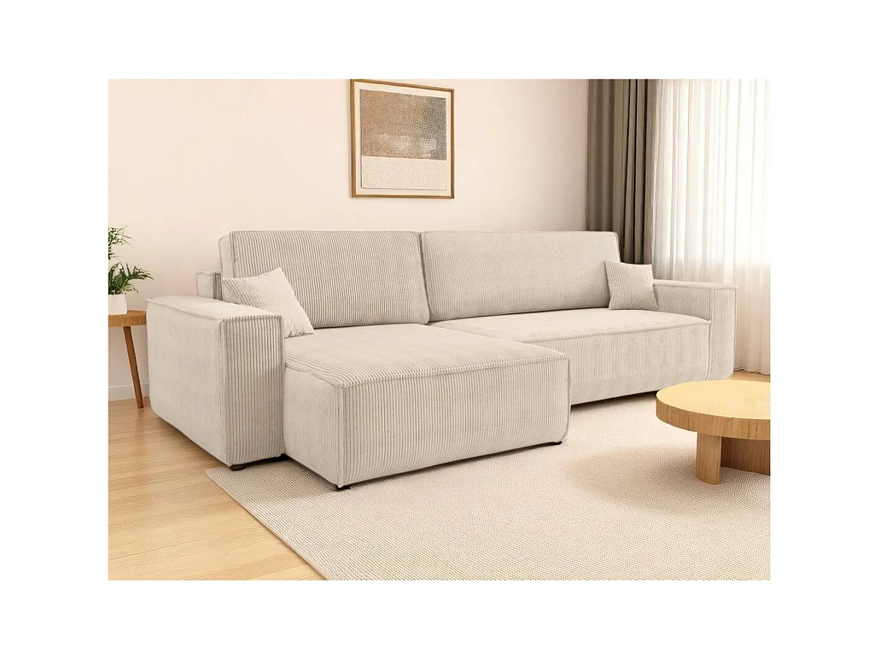 Canapé FARAH d'angle max réversible et convertible 5 places en velours côtelé - Beige