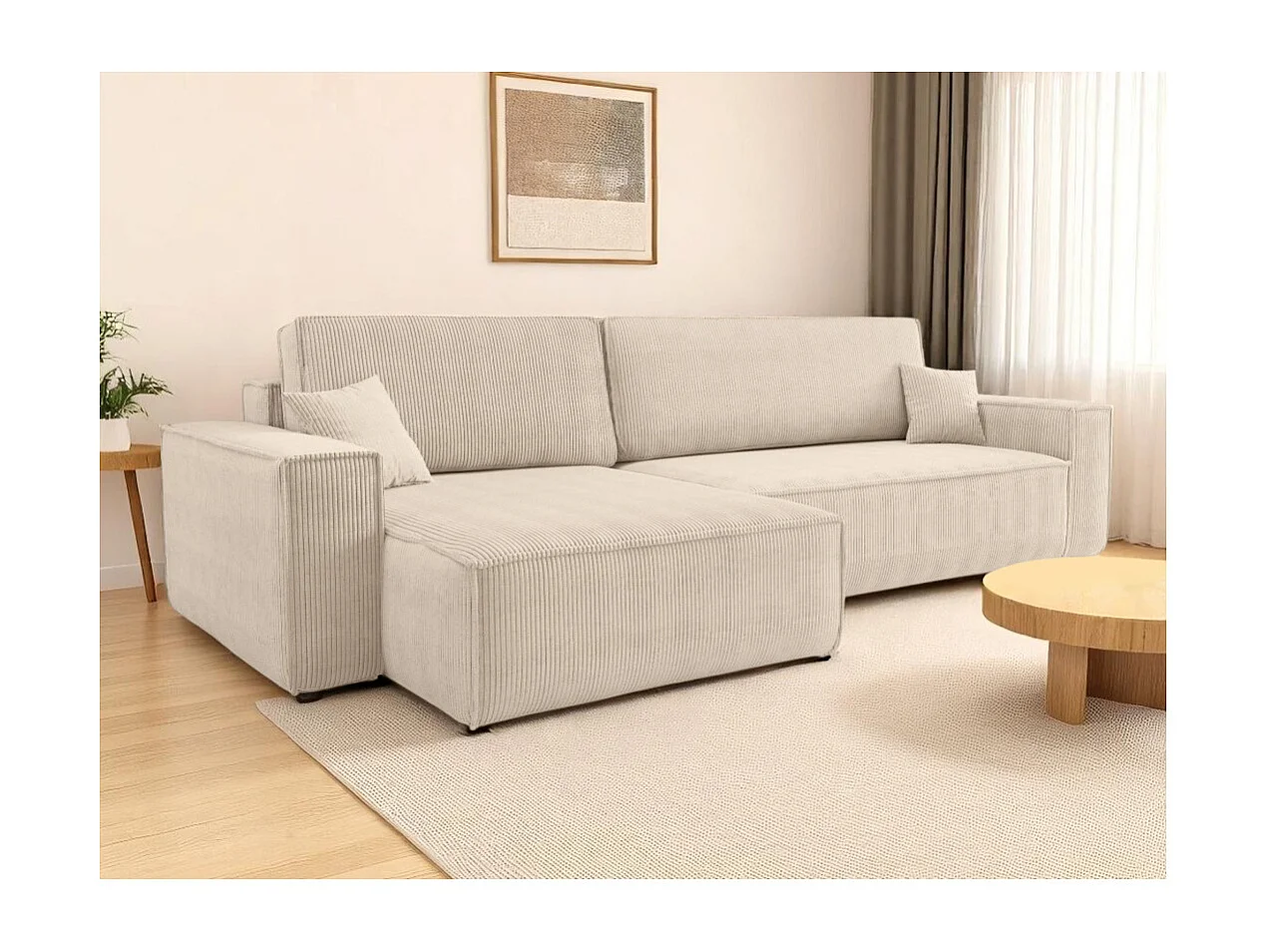 Canapé FARAH d'angle max réversible et convertible 5 places en velours côtelé - Beige