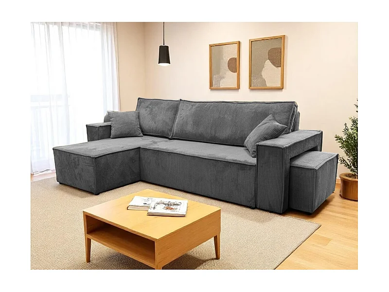 Canapé FARAH d'angle réversible et convertible 4 places avec un pouf en velours côtelé - Gris