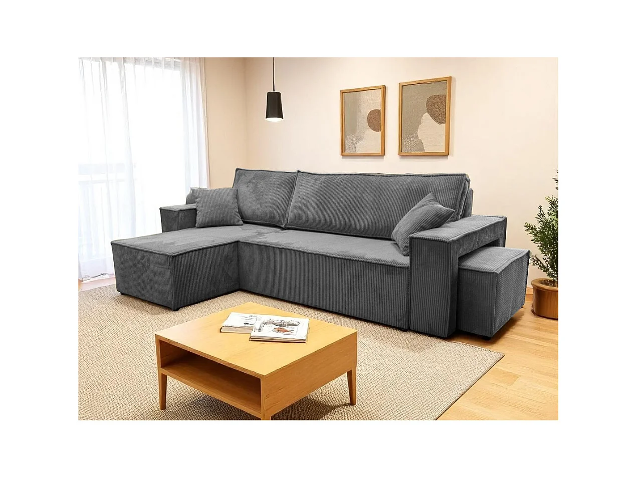 Canapé FARAH d'angle réversible et convertible 4 places avec un pouf en velours côtelé - Gris
