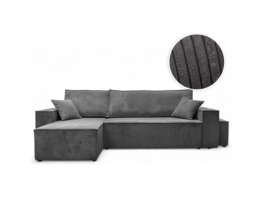 Canapé FARAH d'angle réversible et convertible 4 places avec un pouf en velours côtelé - Gris