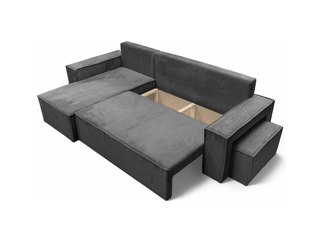 Canapé FARAH d'angle réversible et convertible 4 places avec un pouf en velours côtelé - Gris