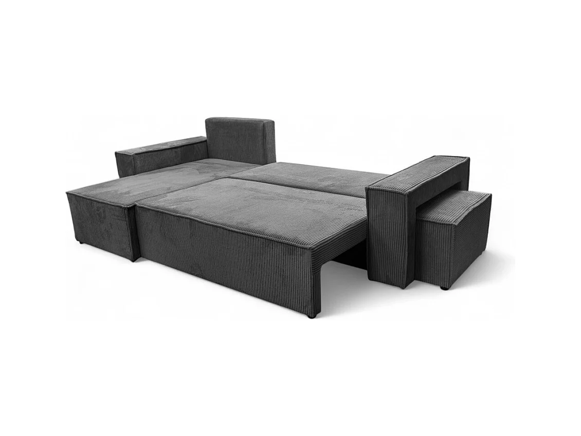 Canapé FARAH d'angle réversible et convertible 4 places avec un pouf en velours côtelé - Gris