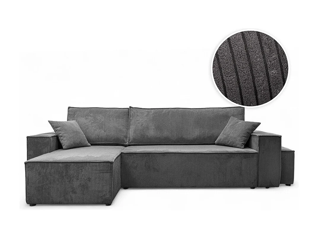 Canapé FARAH d'angle réversible et convertible 4 places avec un pouf en velours côtelé - Gris