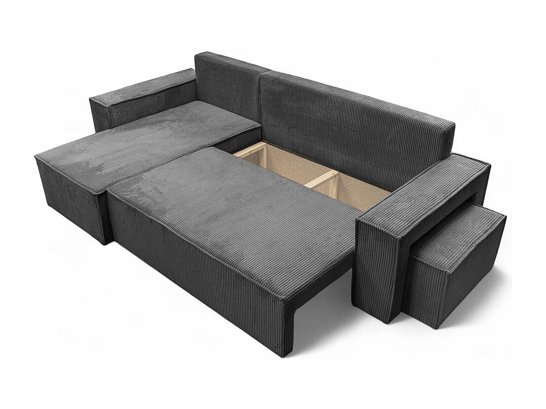 Canapé FARAH d'angle réversible et convertible 4 places avec un pouf en velours côtelé - Gris
