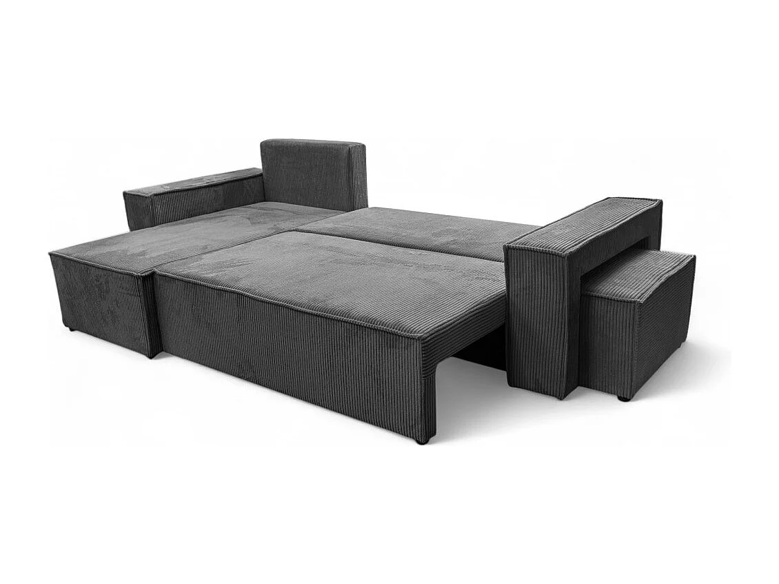 Canapé FARAH d'angle réversible et convertible 4 places avec un pouf en velours côtelé - Gris