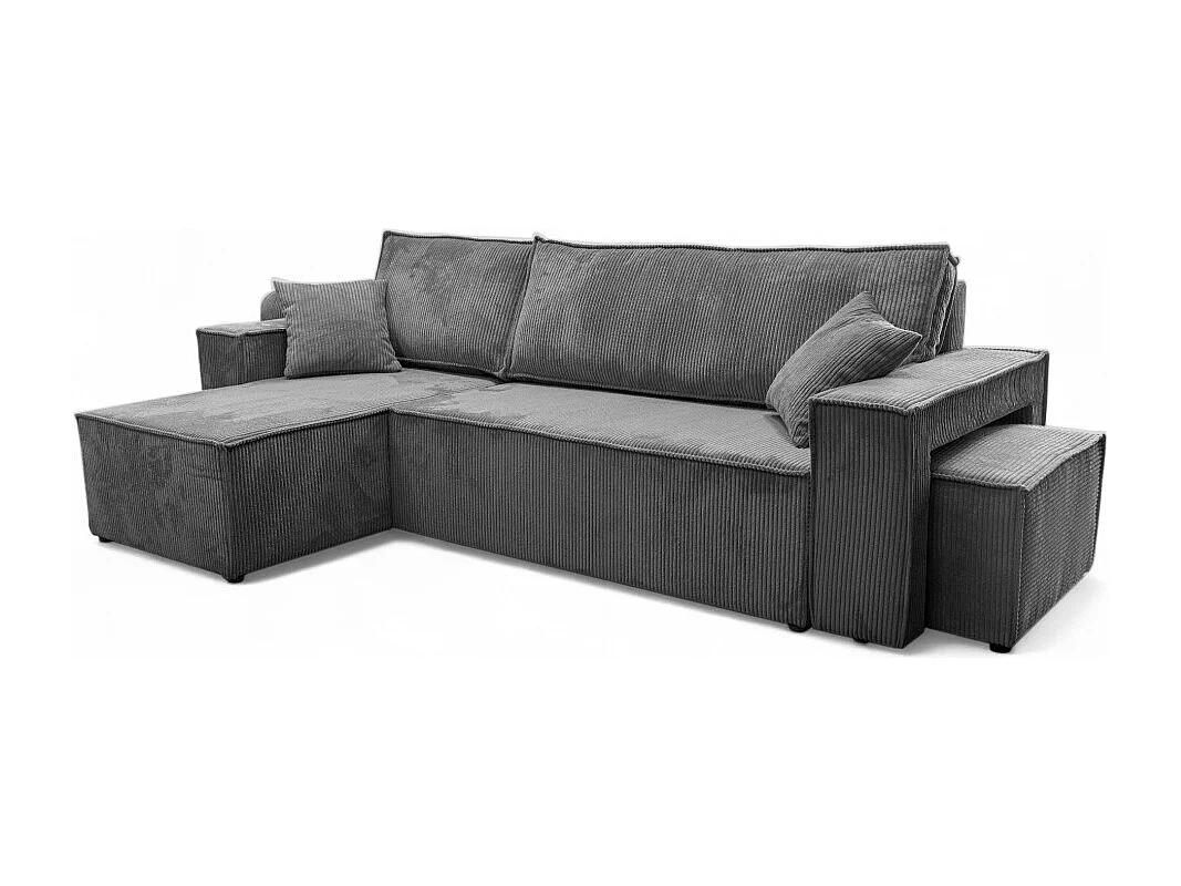 Canapé FARAH d'angle réversible et convertible 4 places avec un pouf en velours côtelé - Gris