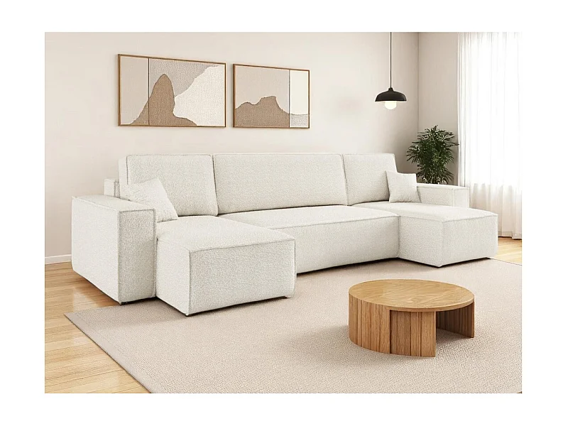 Canapé d'angle FARAH panoramique convertible 6 places en tissu bouclette - Blanc