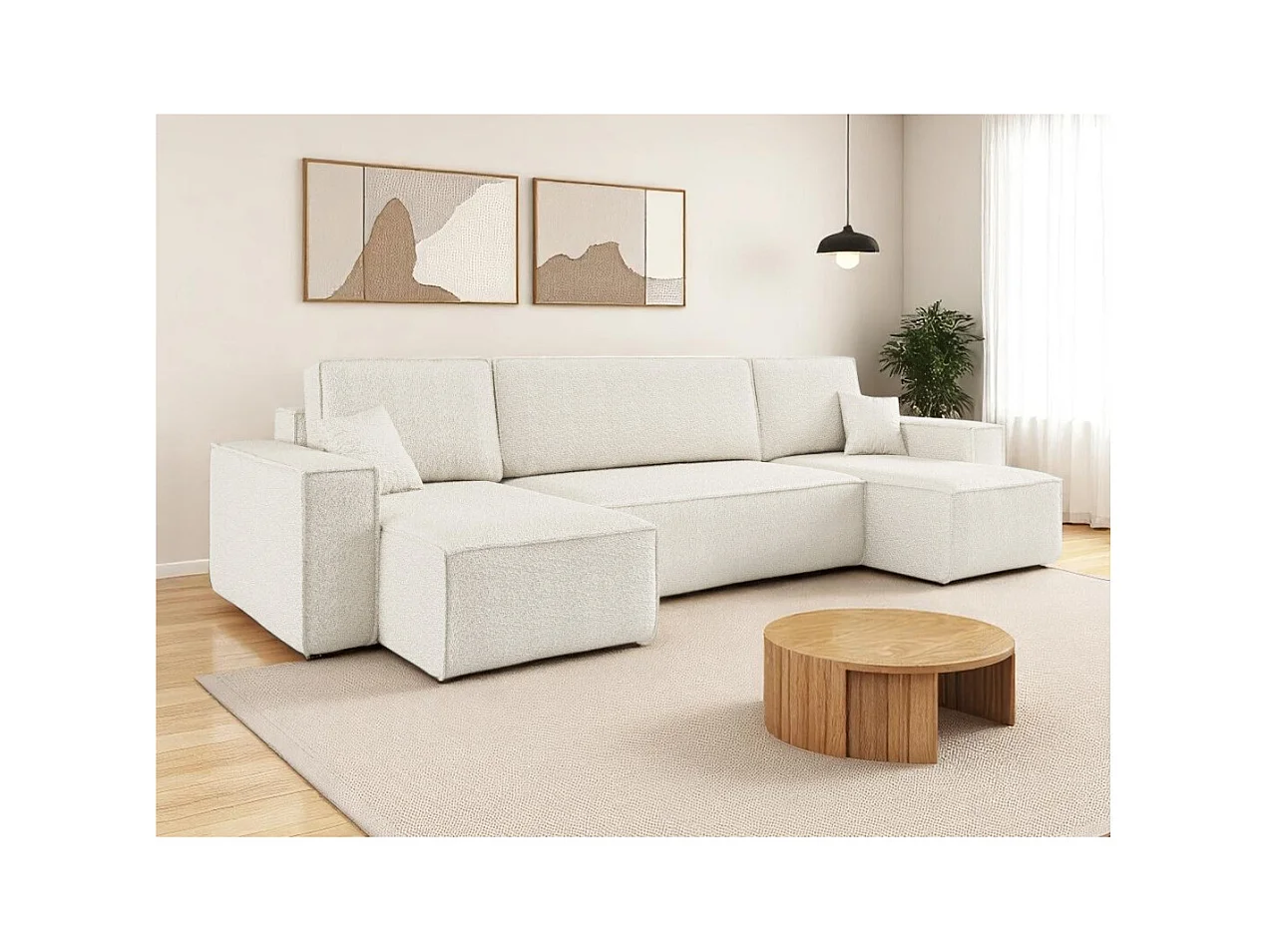 Canapé d'angle FARAH panoramique convertible 6 places en tissu bouclette - Blanc