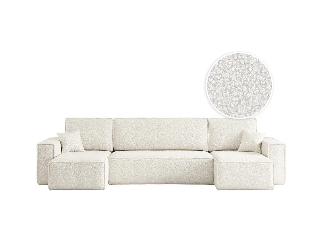 Canapé d'angle FARAH panoramique convertible 6 places en tissu bouclette - Blanc