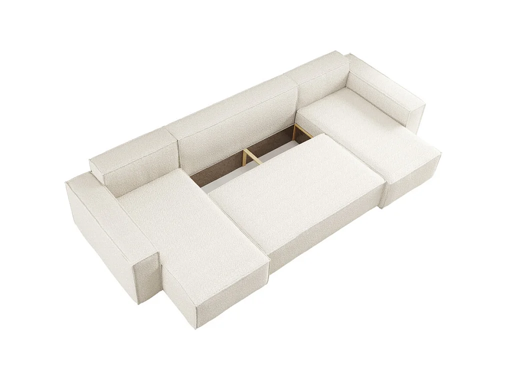 Canapé d'angle FARAH panoramique convertible 6 places en tissu bouclette - Blanc