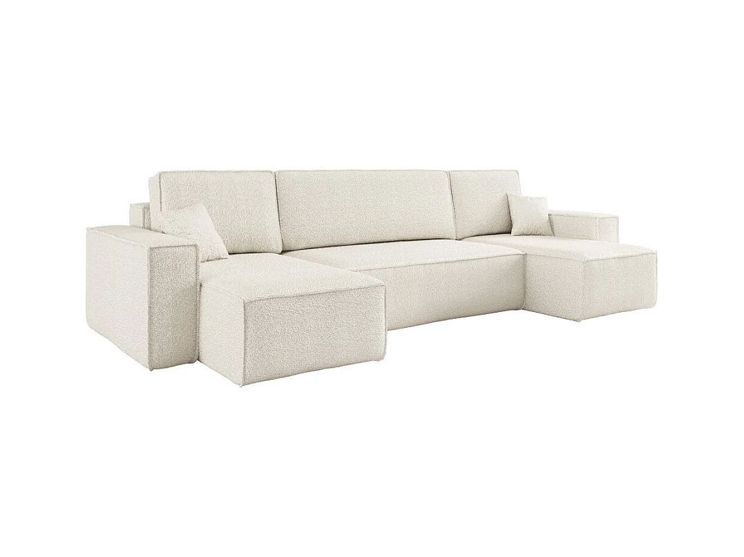 Canapé d'angle FARAH panoramique convertible 6 places en tissu bouclette - Blanc