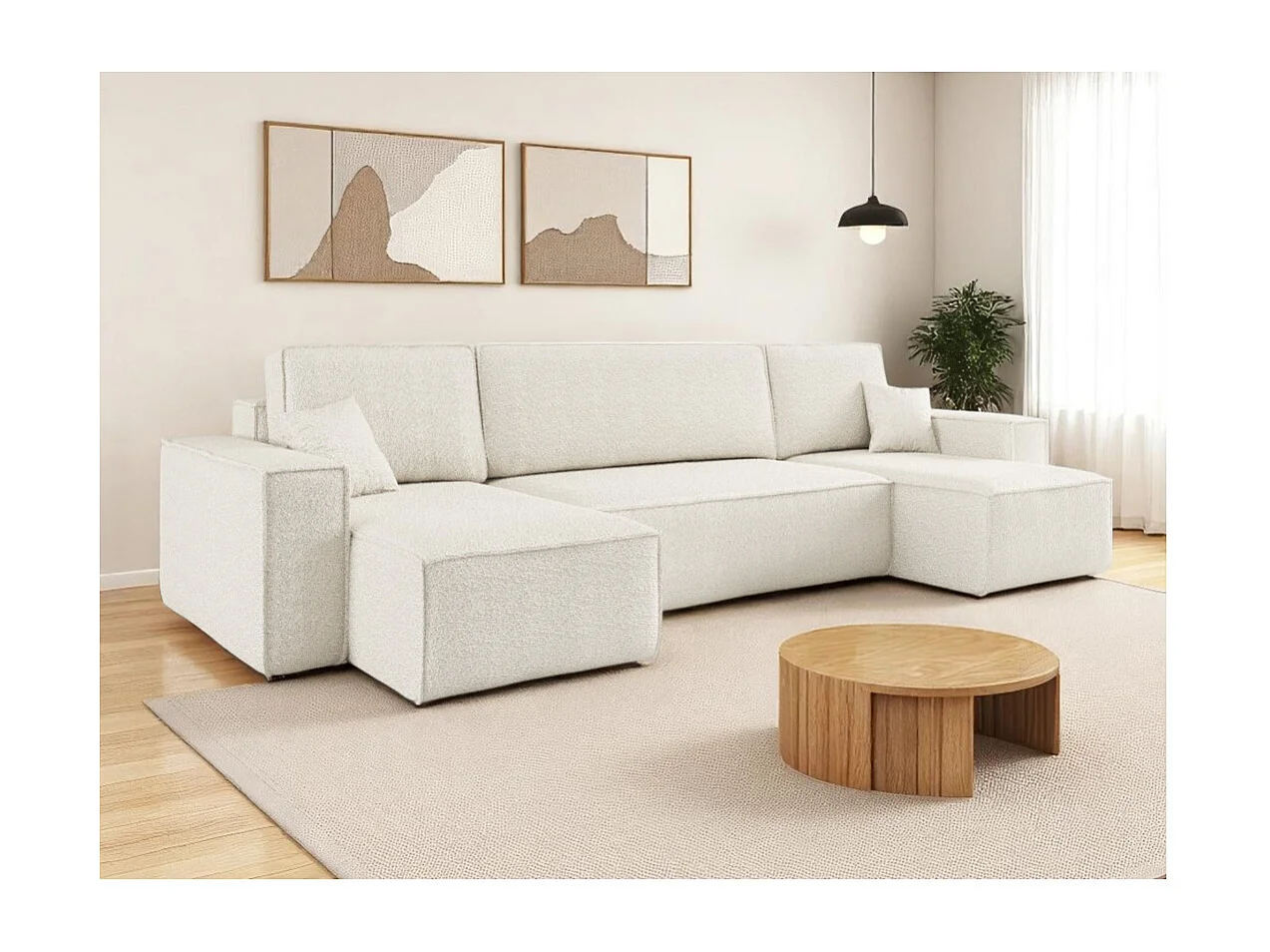 Canapé d'angle FARAH panoramique convertible 6 places en tissu bouclette - Blanc