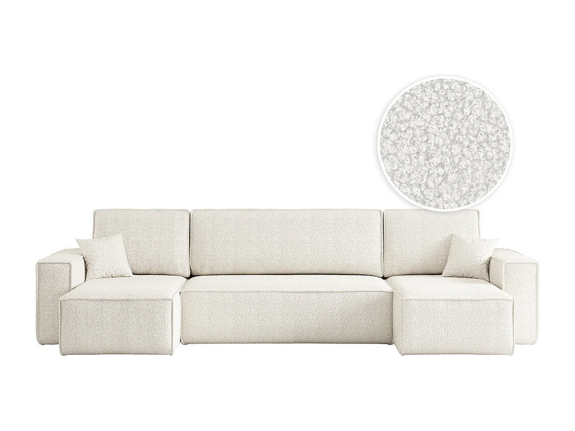 Canapé d'angle FARAH panoramique convertible 6 places en tissu bouclette - Blanc