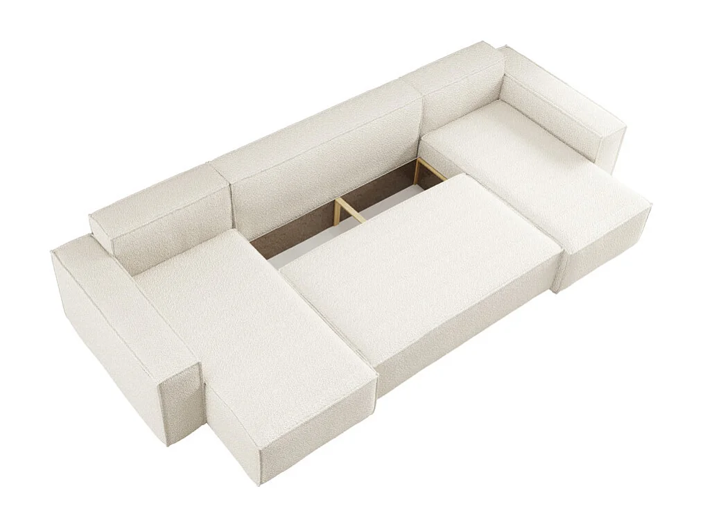 Canapé d'angle FARAH panoramique convertible 6 places en tissu bouclette - Blanc