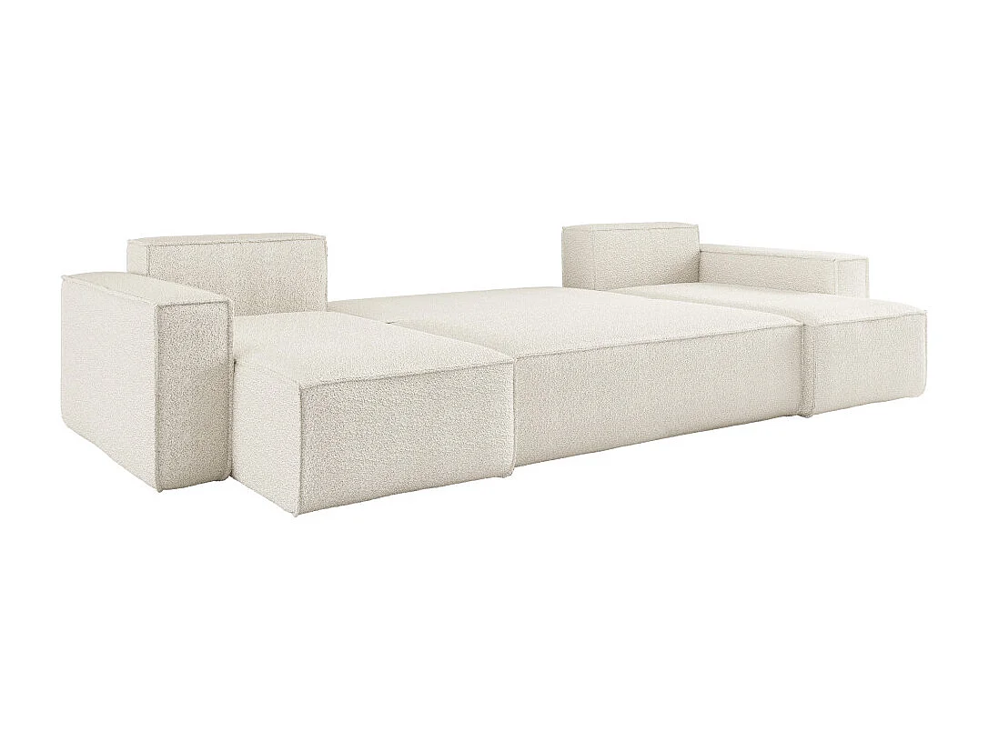 Canapé d'angle FARAH panoramique convertible 6 places en tissu bouclette - Blanc