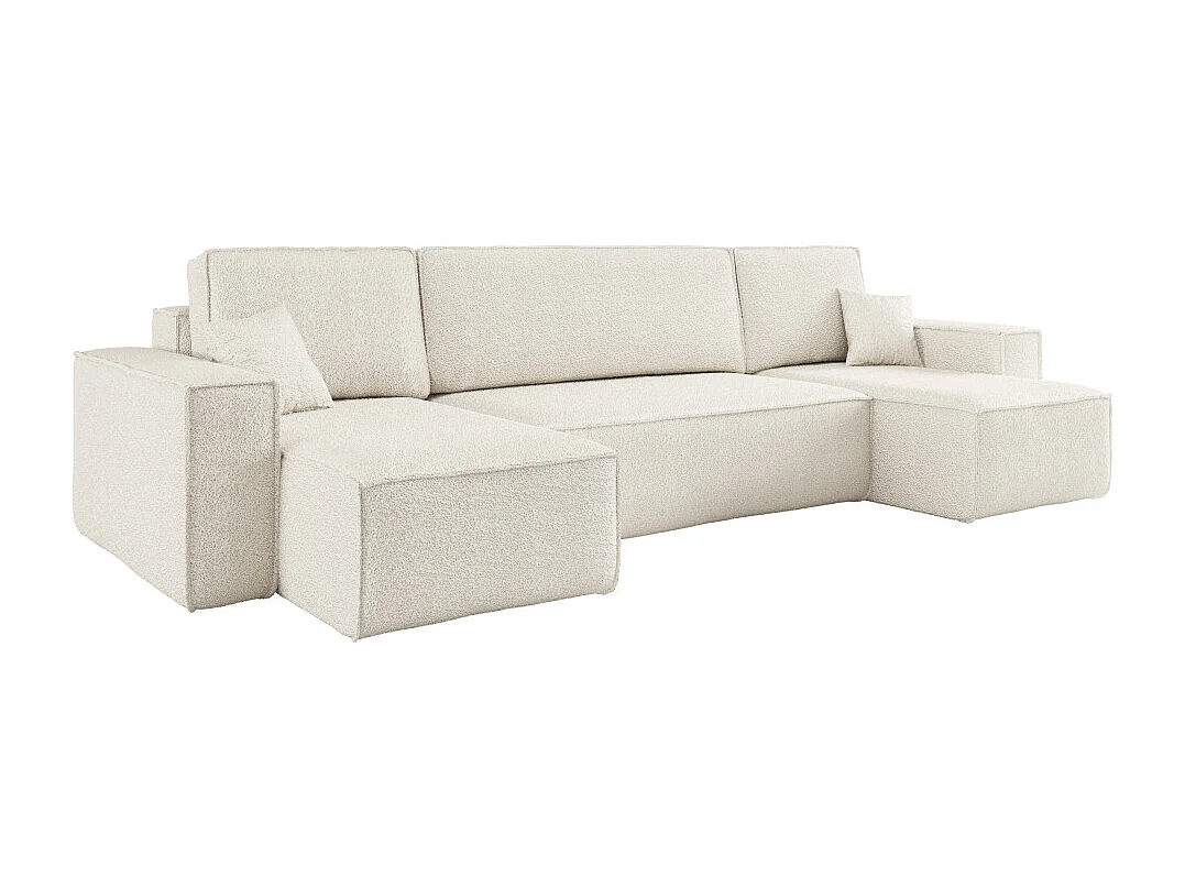 Canapé d'angle FARAH panoramique convertible 6 places en tissu bouclette - Blanc