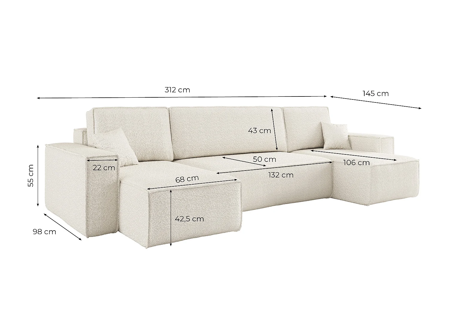 Canapé d'angle FARAH panoramique convertible 6 places en tissu bouclette - Blanc