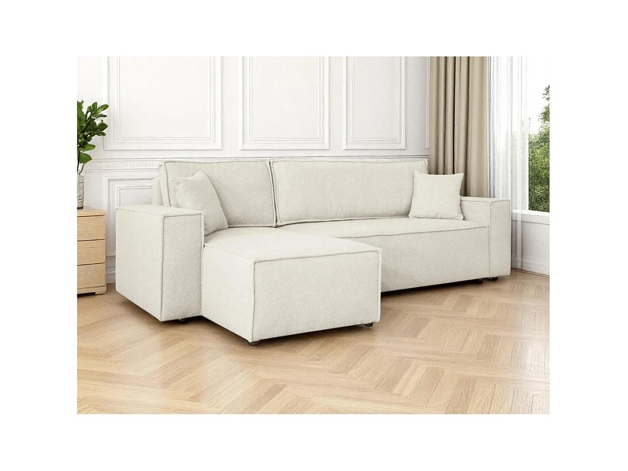 Canapé FARAH d'angle réversible et convertible 4 places en tissu bouclette - Blanc