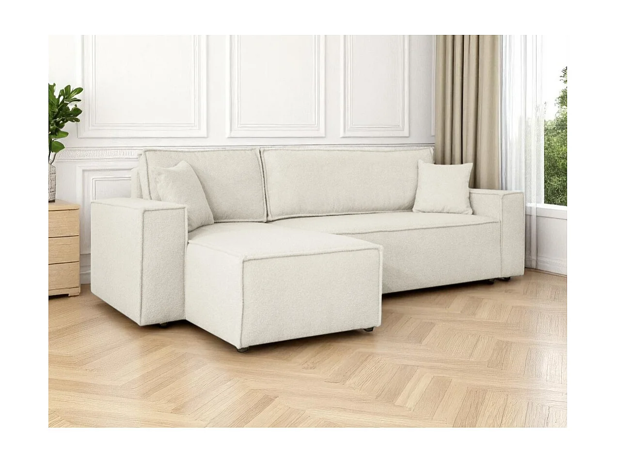 Canapé FARAH d'angle réversible et convertible 4 places en tissu bouclette - Blanc