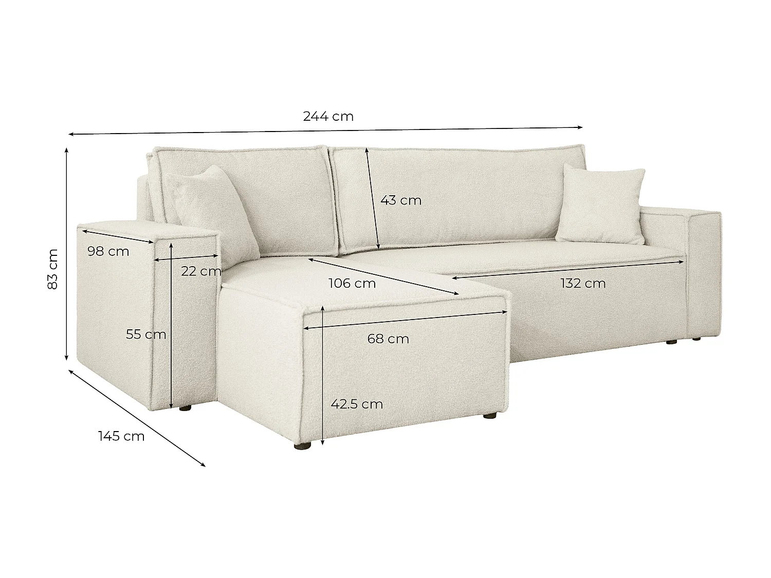 Canapé FARAH d'angle réversible et convertible 4 places en tissu bouclette - Blanc