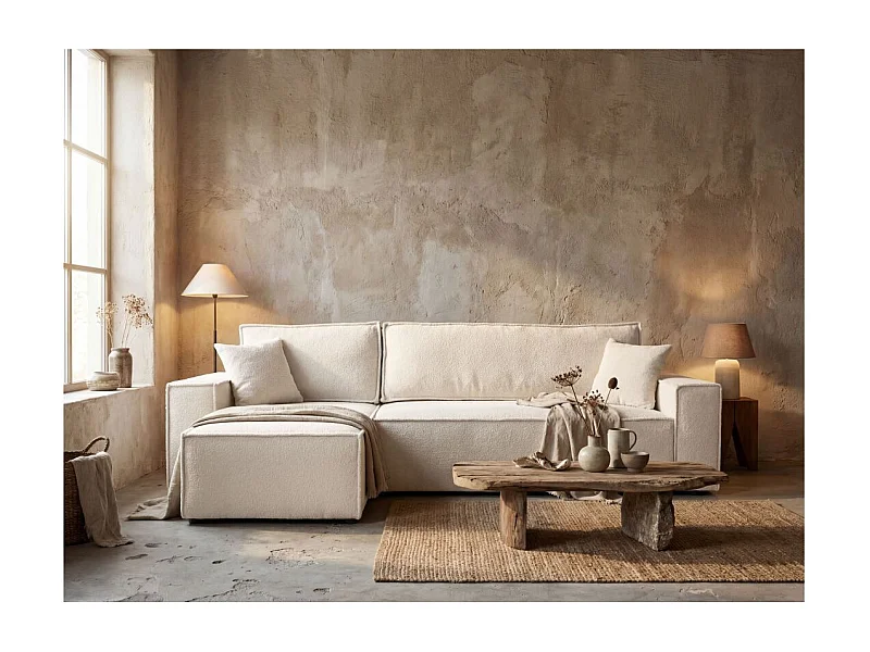 Canapé FARAH d'angle réversible et convertible 4 places en tissu bouclette - Blanc