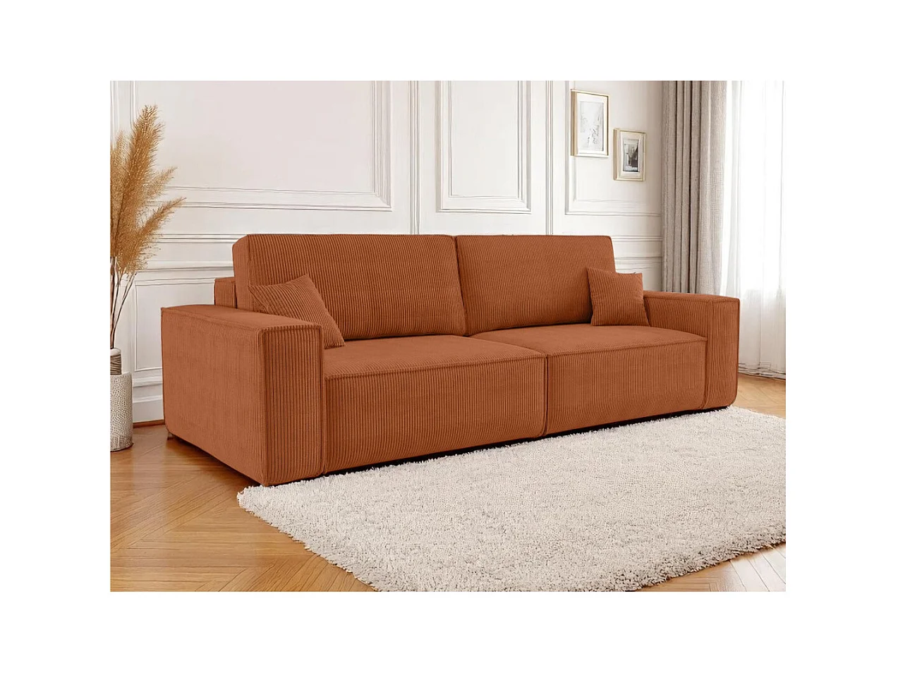 Canapé droit 3 places FARAH convertible en velours côtelé - Terracotta