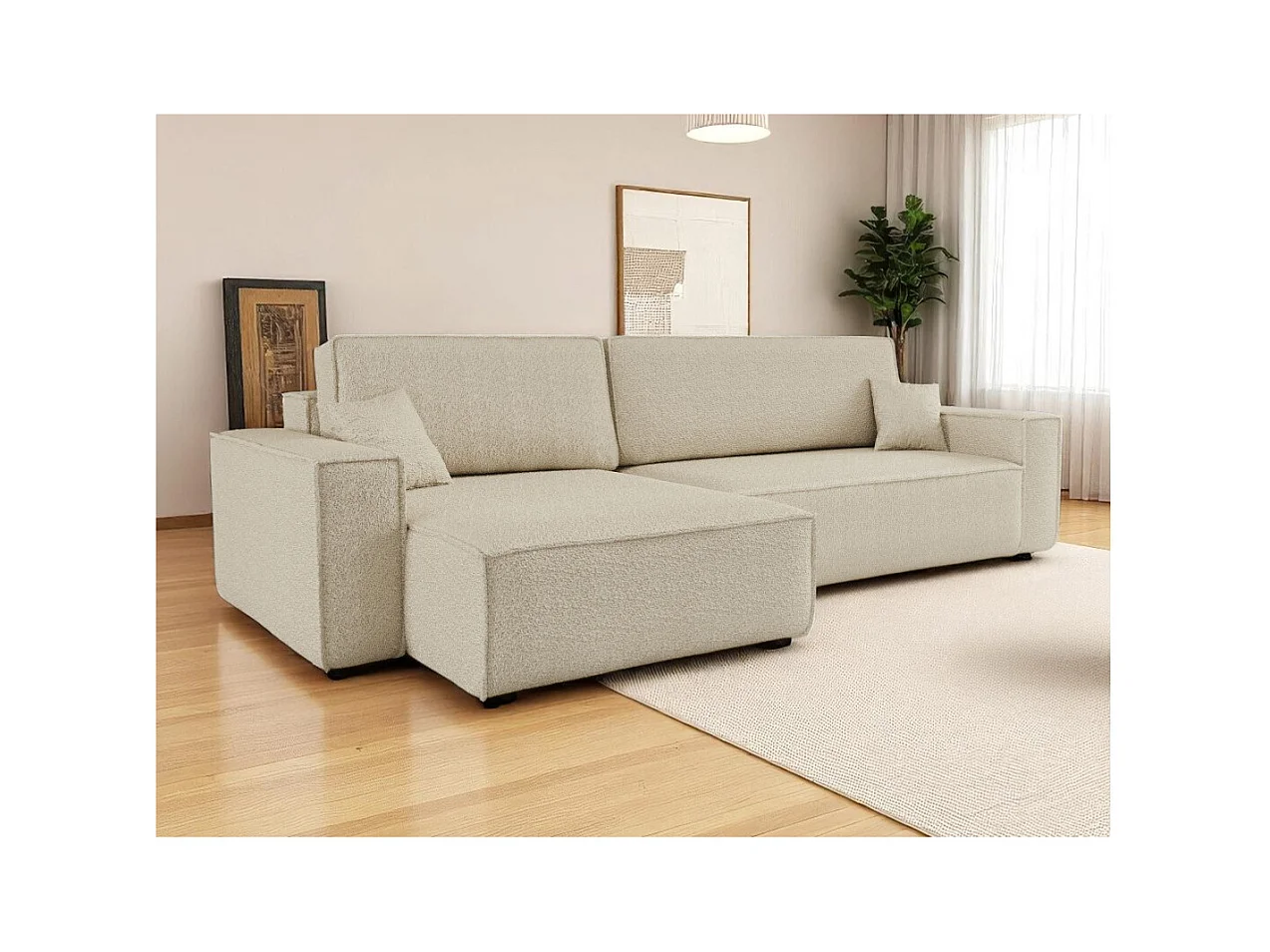 Canapé FARAH d'angle max réversible et convertible 5 places en tissu bouclette - Beige