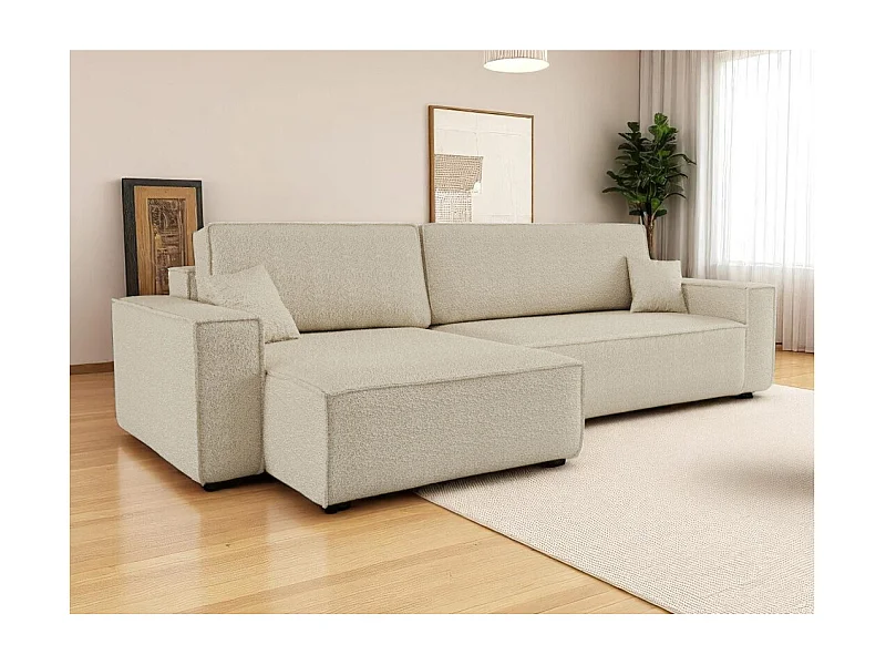 Canapé FARAH d'angle max réversible et convertible 5 places en tissu bouclette - Beige