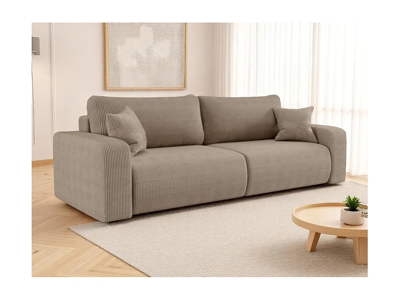 Canapé droit 3 places ALYA convertible en velours côtelé - Taupe