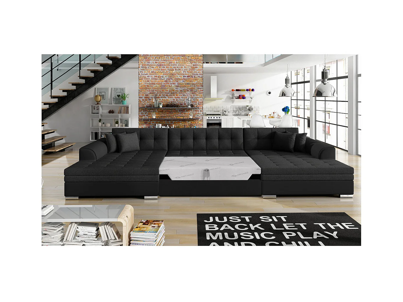 Canapé d'angle panoramique 5 places RIMA convertible en simili et tissu - Noir