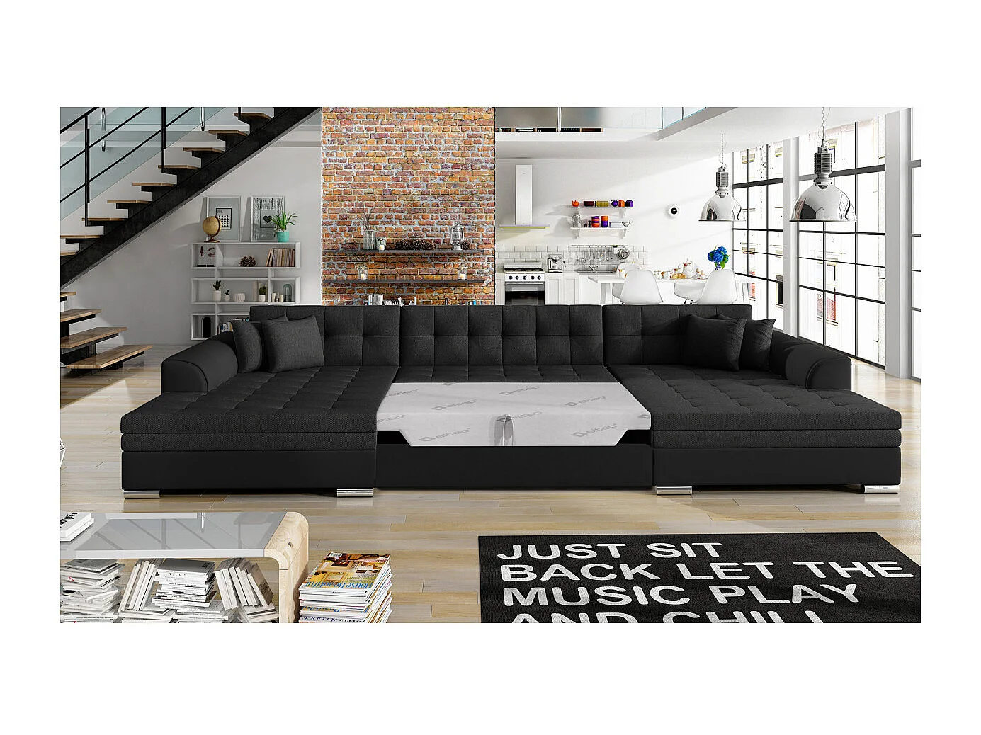 Canapé d'angle panoramique 5 places RIMA convertible en simili et tissu - Noir